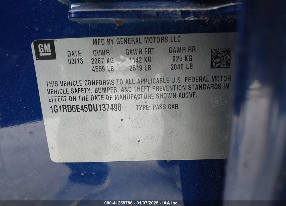 2013 CHEVROLET VOLT VIN: 1G1RD6E45DU137498