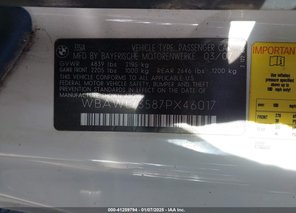 2007 BMW 335I VIN: WBAWL73587PX46017