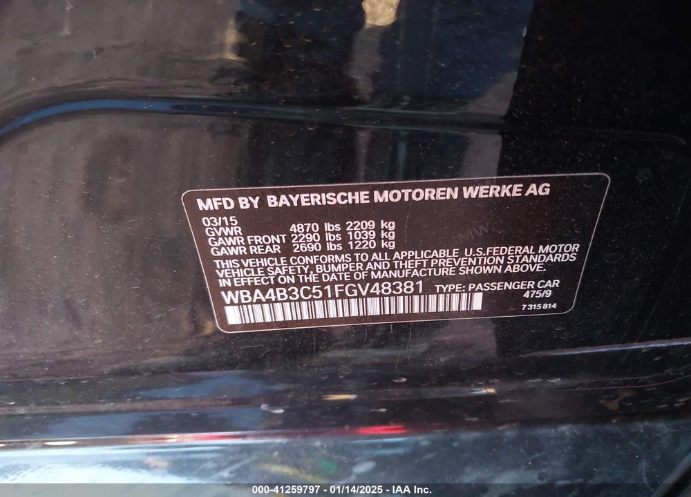 2015 BMW 435I GRAN COUPE VIN: WBA4B3C51FGV48381