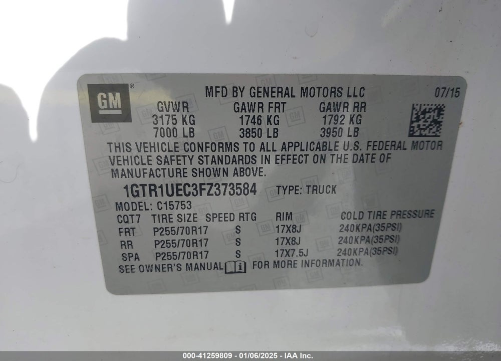 2015 GMC SIERRA 1500 SLE VIN: 1GTR1UEC3FZ373584