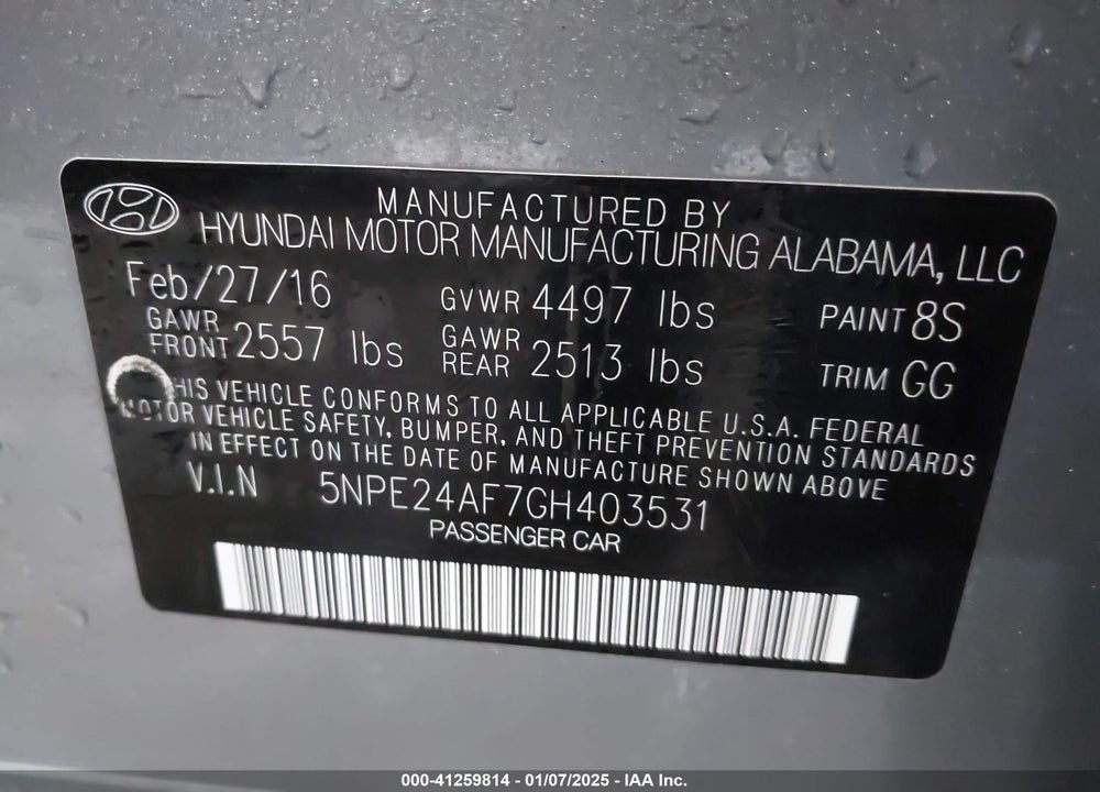 2016 HYUNDAI SONATA VIN: 5NPE24AF7GH403531