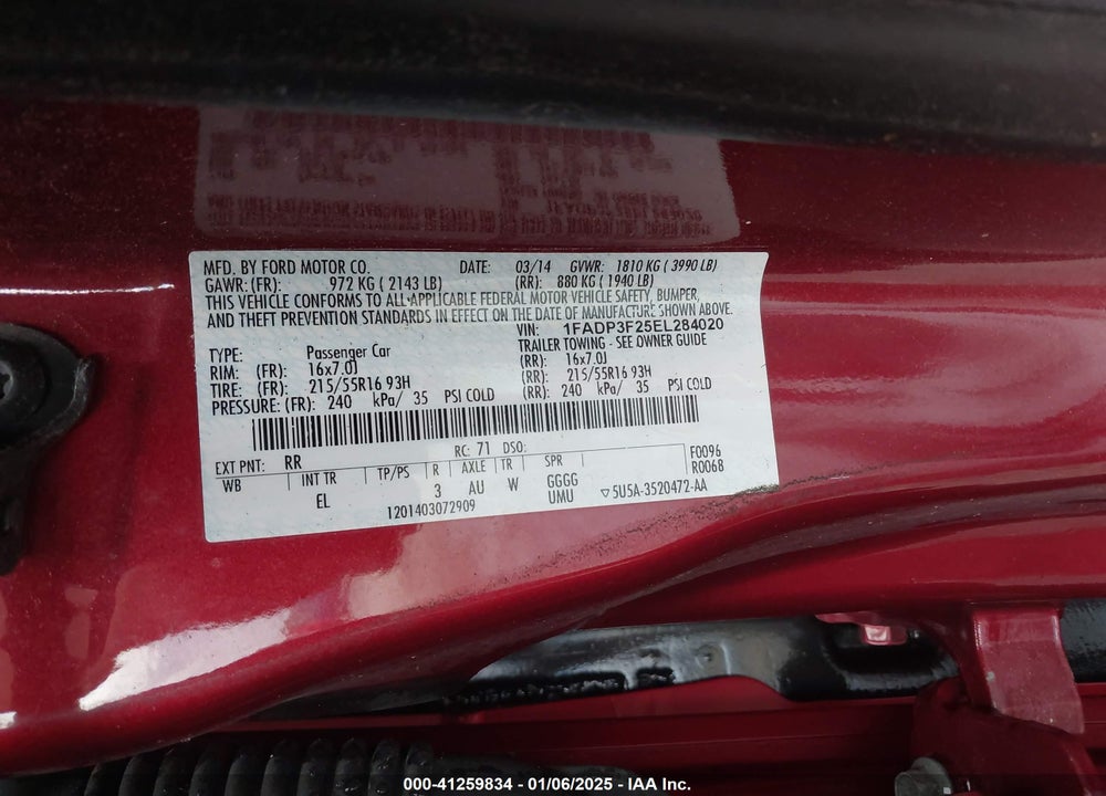 2014 FORD FOCUS VIN: 1FADP3F25EL284020