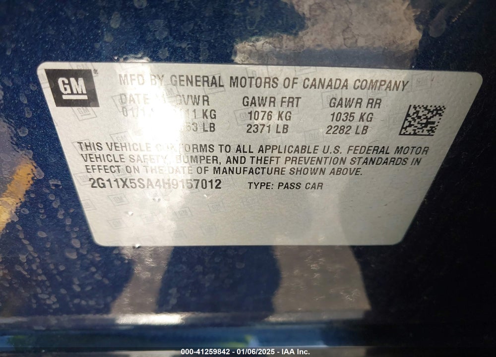 2017 CHEVROLET IMPALA VIN: 2G11X5SA4H9157012