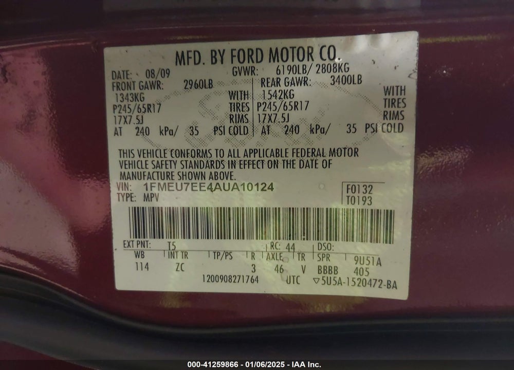 2010 FORD EXPLORER EDDIE BAUER VIN: 1FMEU7EE4AUA10124