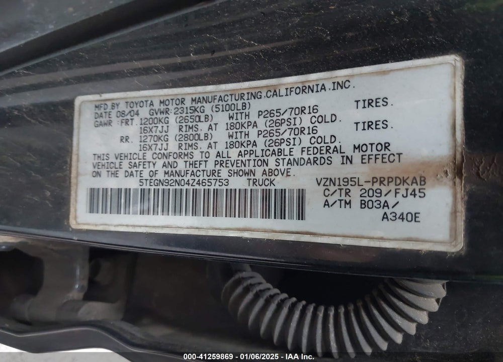 2004 TOYOTA TACOMA PRERUNNER V6 VIN: 5TEGN92N04Z465753