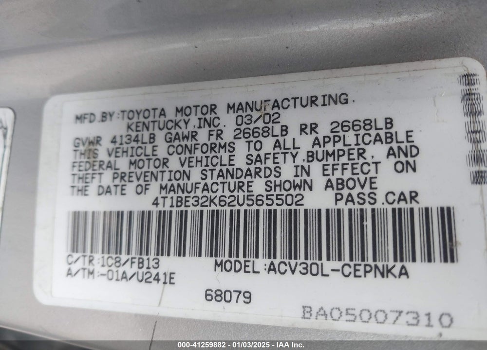 2002 TOYOTA CAMRY LE VIN: 4T1BE32K62U565502