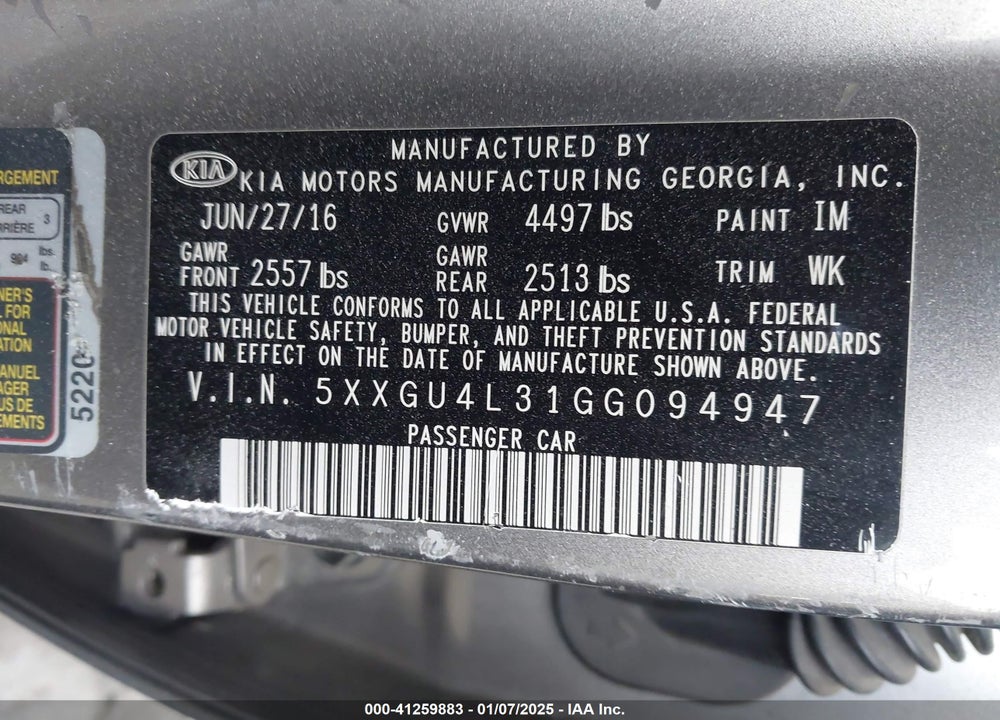 2016 KIA OPTIMA EX VIN: 5XXGU4L31GG094947