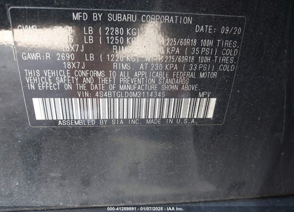 2021 SUBARU OUTBACK ONYX EDITION XT VIN: 4S4BTGLD0M3114345