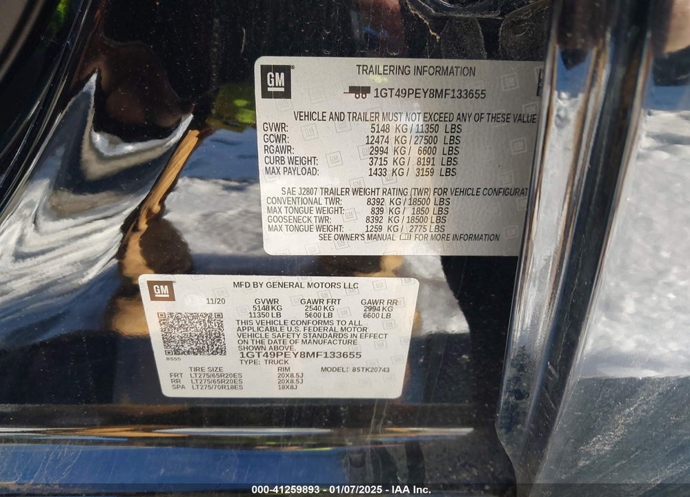 2021 GMC SIERRA 2500HD 4WD STANDARD BED AT4 VIN: 1GT49PEY8MF133655