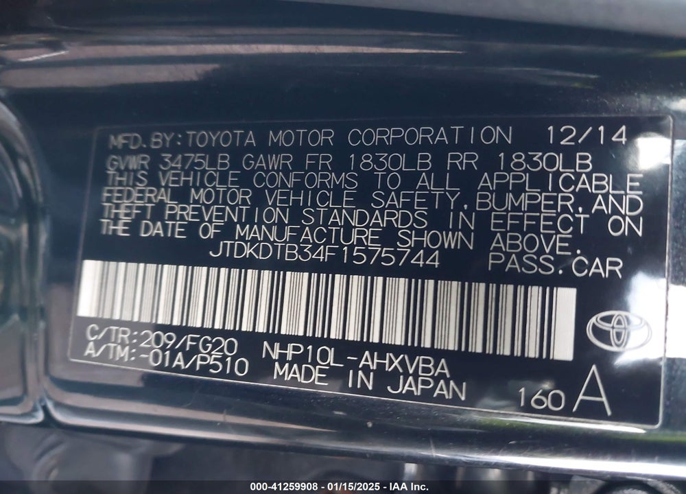 2015 TOYOTA PRIUS C TWO VIN: JTDKDTB34F1575744