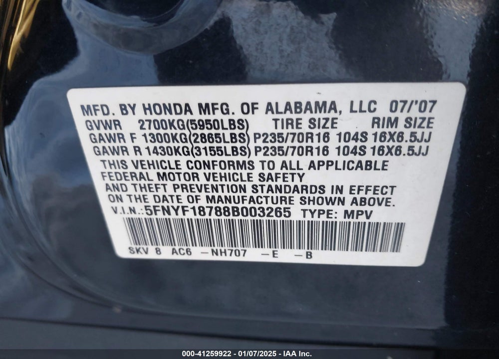 2008 HONDA PILOT EX-L VIN: 5FNYF18788B003265