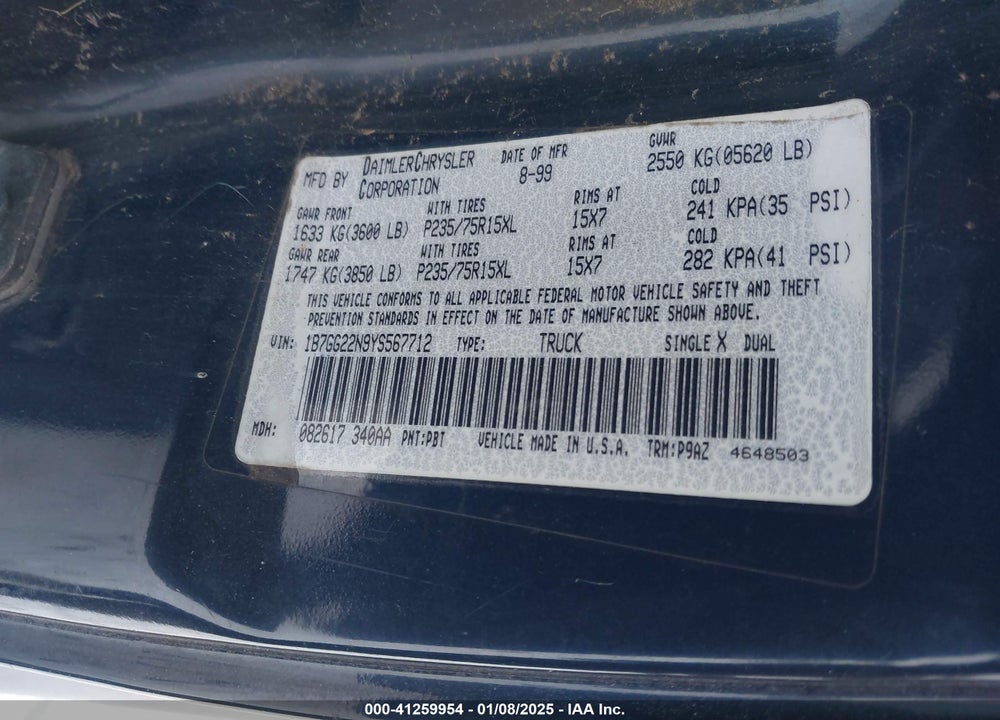 2000 DODGE DAKOTA SLT/SPORT VIN: 1B7GG22N9YS567712