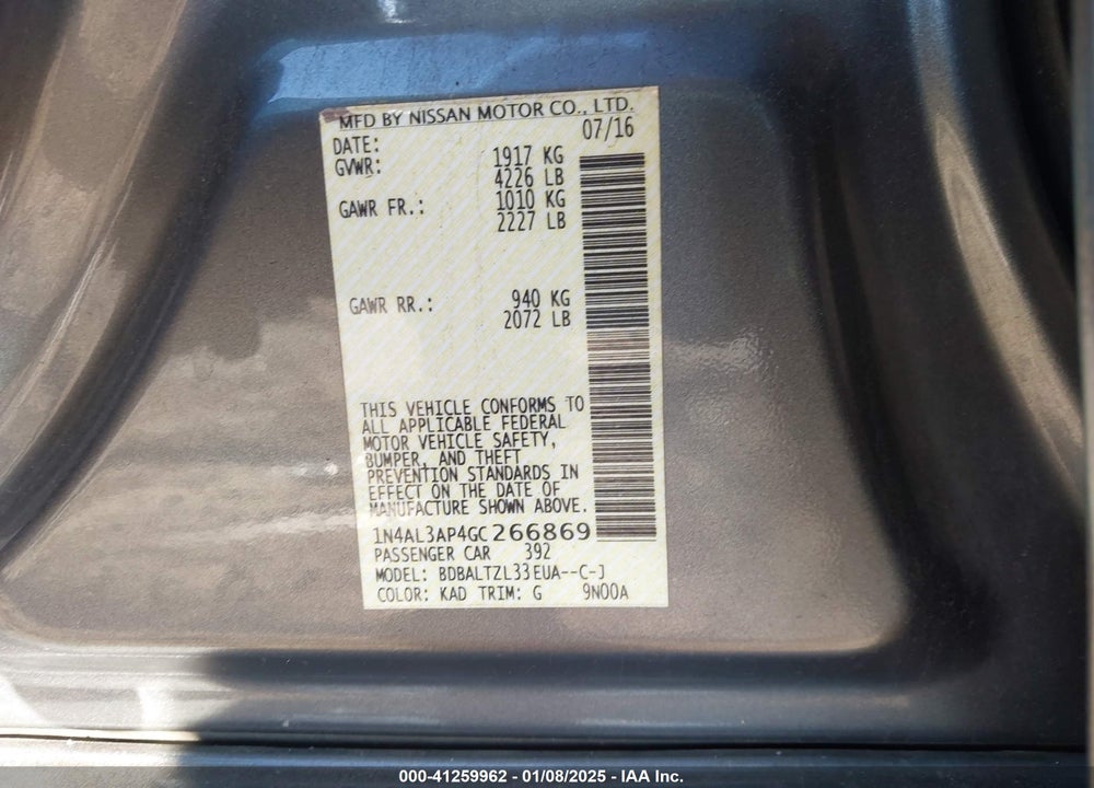 2016 NISSAN ALTIMA VIN: 1N4AL3AP4GC266869
