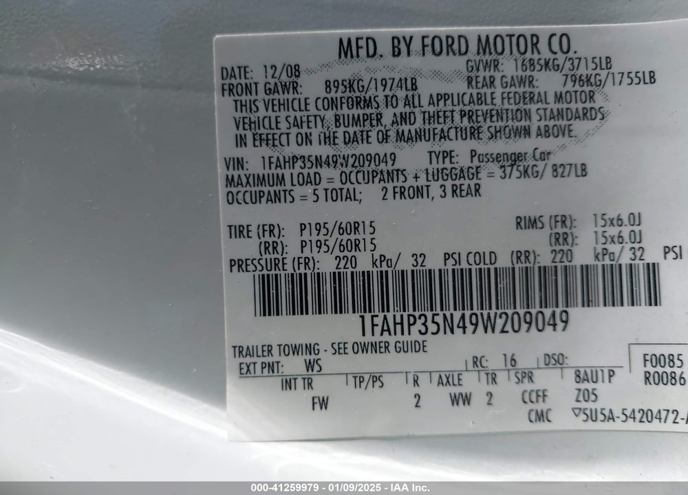 2009 FORD FOCUS SE VIN: 1FAHP35N49W209049