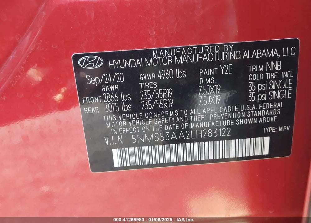 2020 HYUNDAI SANTA FE LIMITED 2.0T VIN: 5NMS53AA2LH283122