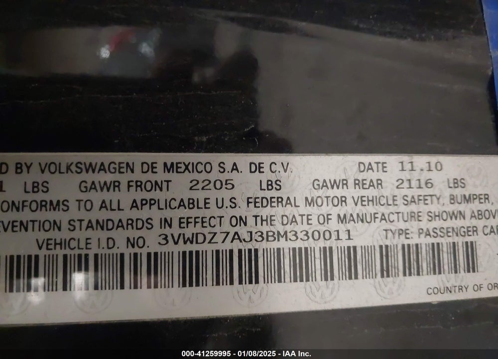 2011 VOLKSWAGEN JETTA 2.5L SE VIN: 3VWDZ7AJ3BM330011