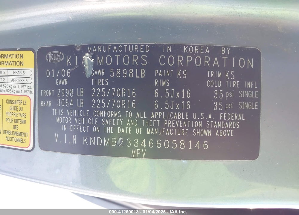 2006 KIA SEDONA EX/LX VIN: KNDMB233466058146