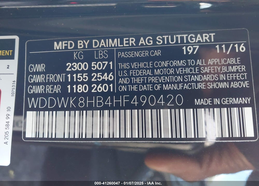 2017 MERCEDES-BENZ C VIN: WDDWK8HB4HF490420