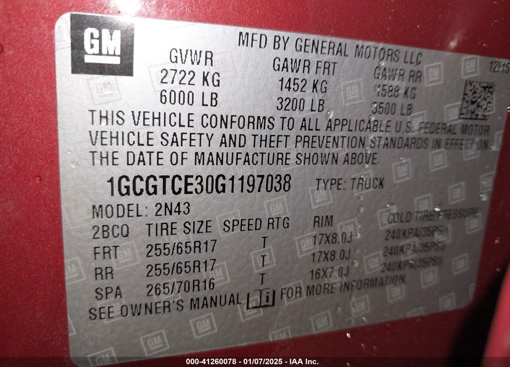 2016 CHEVROLET COLORADO VIN: 1GCGTCE30G1197038