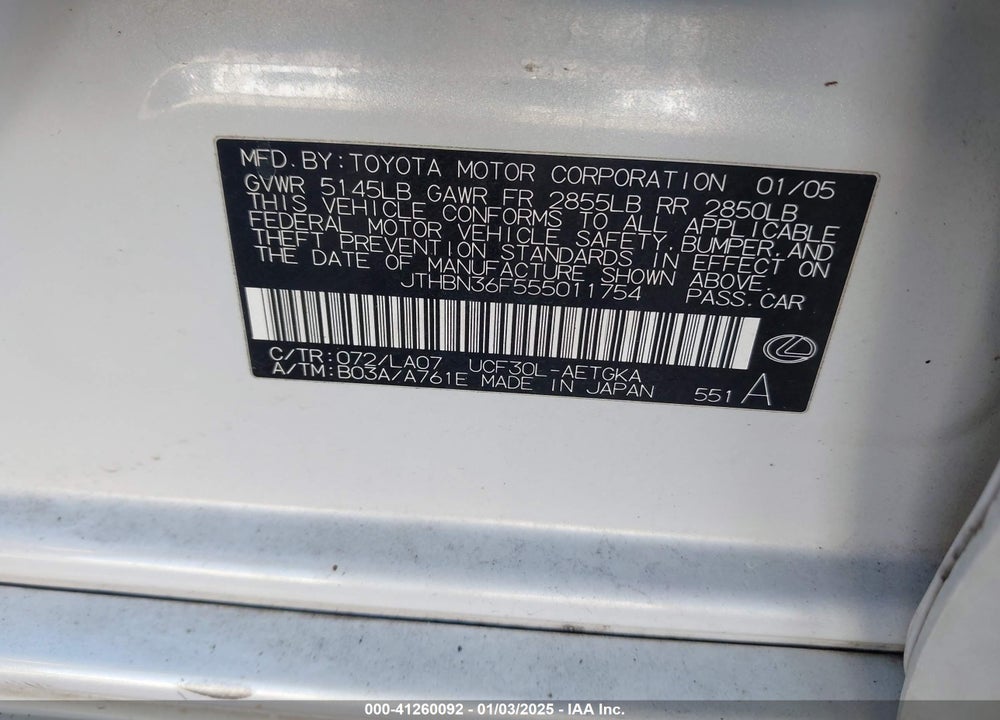 2005 LEXUS LS 430 VIN: JTHBN36F555011754
