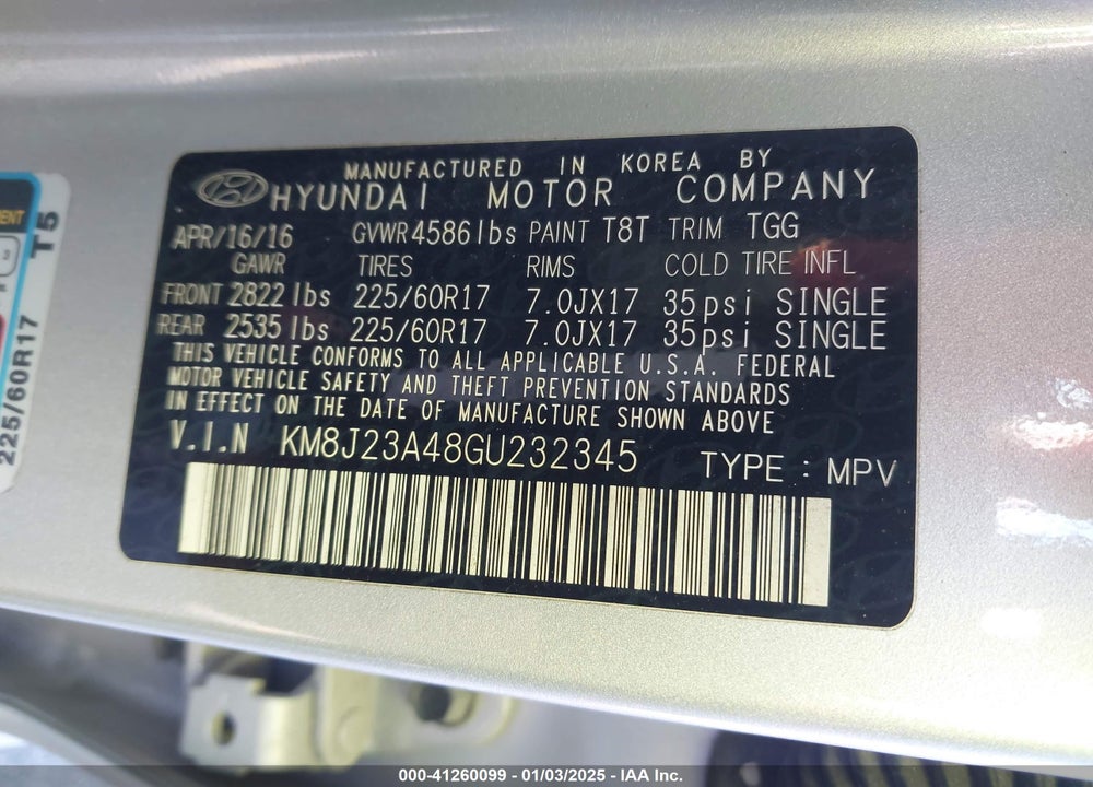 2016 HYUNDAI TUCSON SE VIN: KM8J23A48GU232345