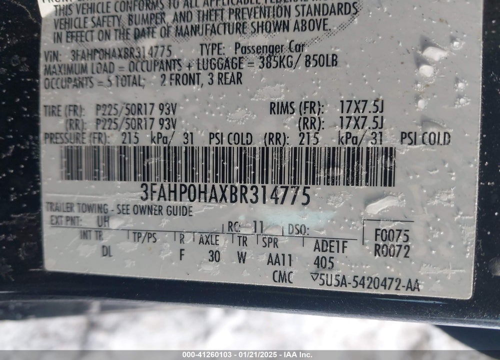 2011 FORD FUSION SE VIN: 3FAHP0HAXBR314775
