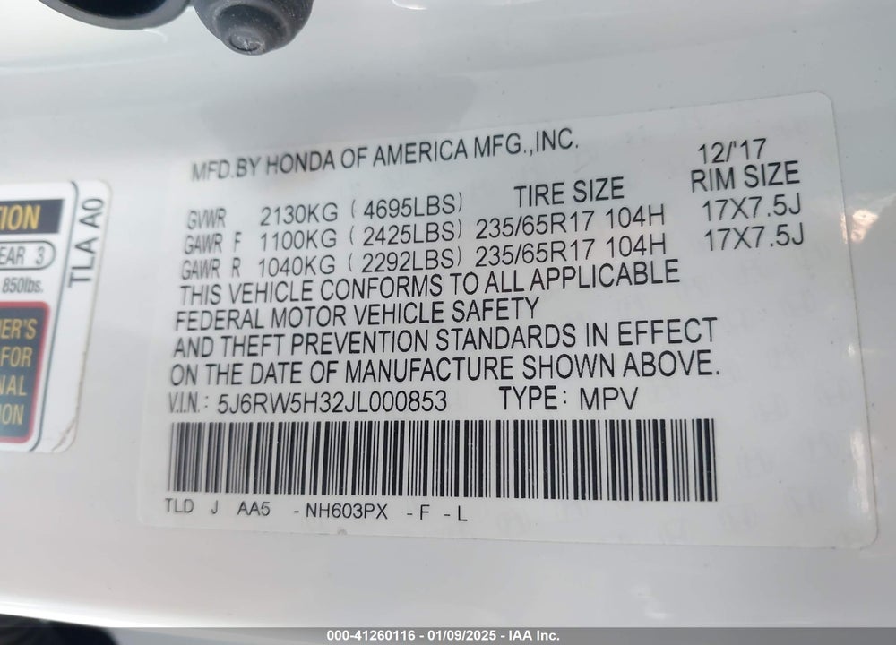 2018 HONDA CR-V LX VIN: 5J6RW5H32JL000853