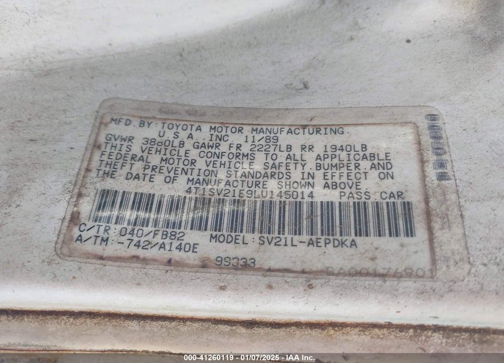 1990 TOYOTA CAMRY DLX VIN: 4T1SV21E9LU145014