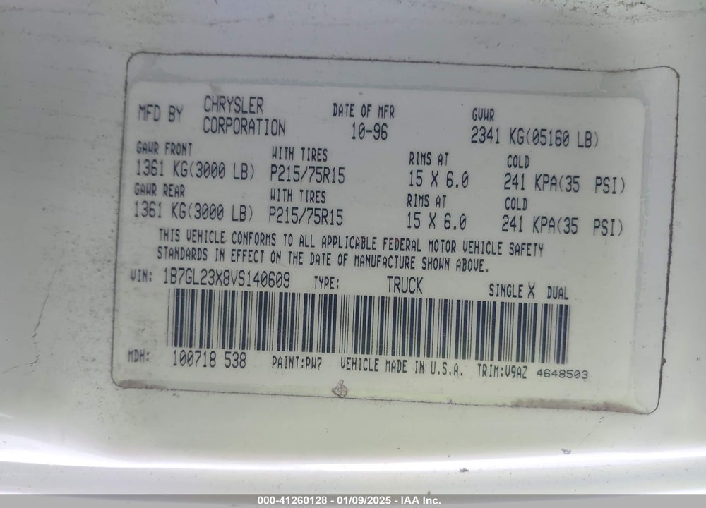 1997 DODGE DAKOTA SLT/SPORT VIN: 1B7GL23X8VS140609