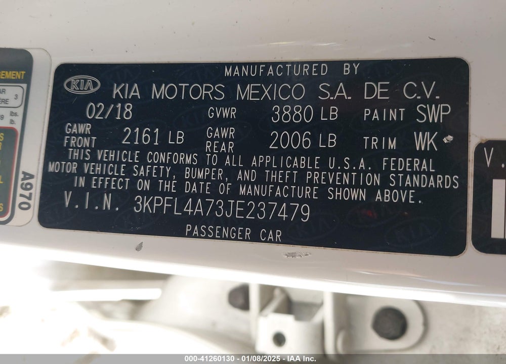 2018 KIA FORTE LX VIN: 3KPFL4A73JE237479