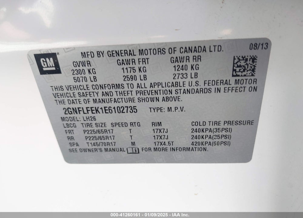 2014 CHEVROLET EQUINOX 1LT VIN: 2GNFLFEK1E6102735