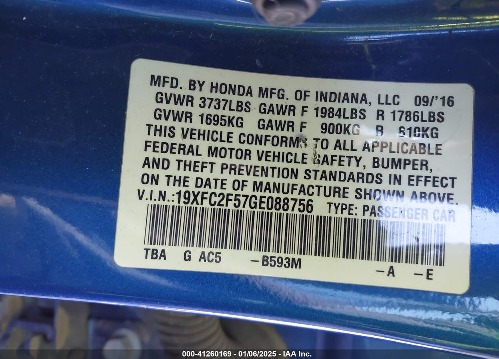 2016 HONDA CIVIC VIN: 19XFC2F57GE088756