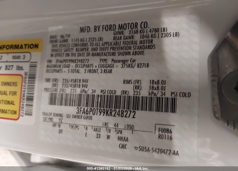 2019 FORD FUSION VIN: 3FA6P0T99KR248272