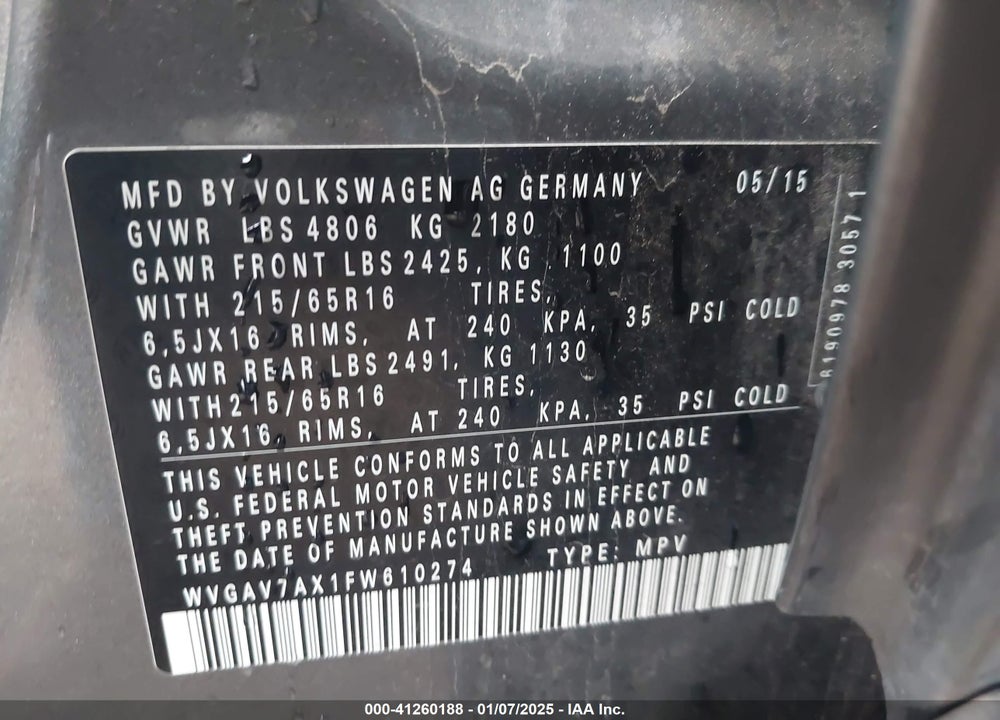 2015 VOLKSWAGEN TIGUAN S VIN: WVGAV7AX1FW610274