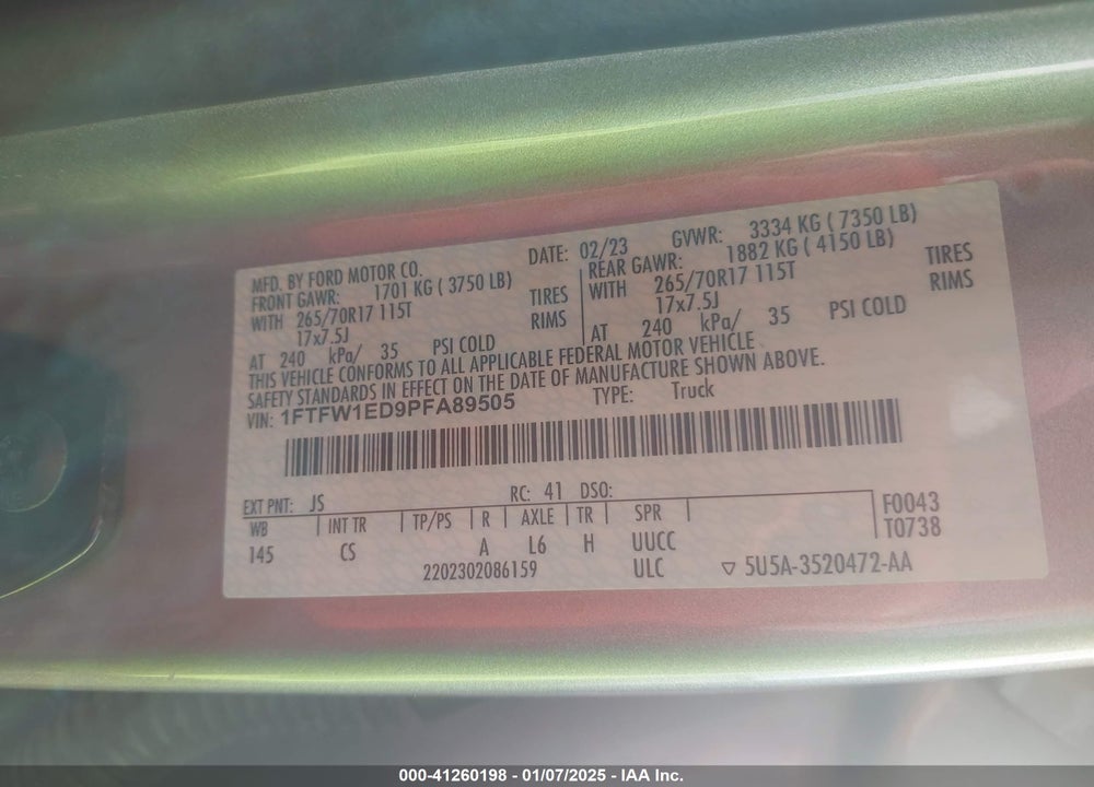 2023 FORD F-150 VIN: 1FTFW1ED9PFA89505