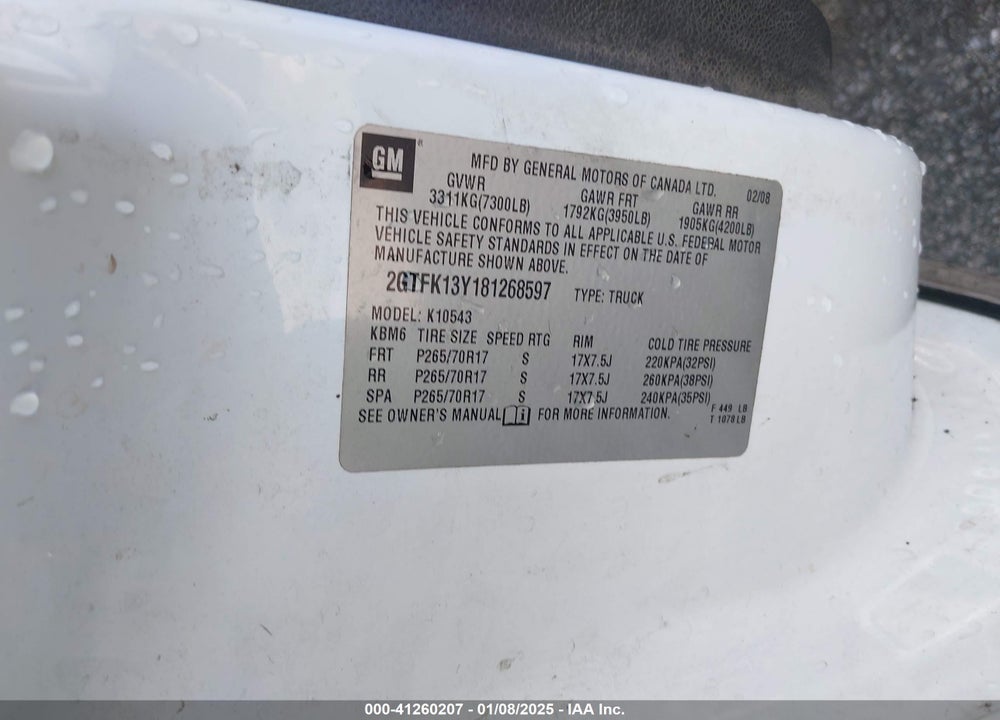 2008 GMC SIERRA 1500 VIN: 2GTFK13Y181268597