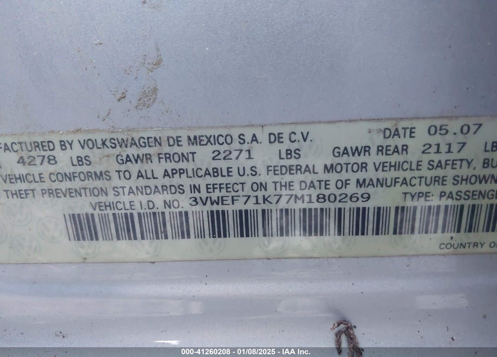 2007 VOLKSWAGEN JETTA WOLFSBURG EDITION VIN: 3VWEF71K77M180269