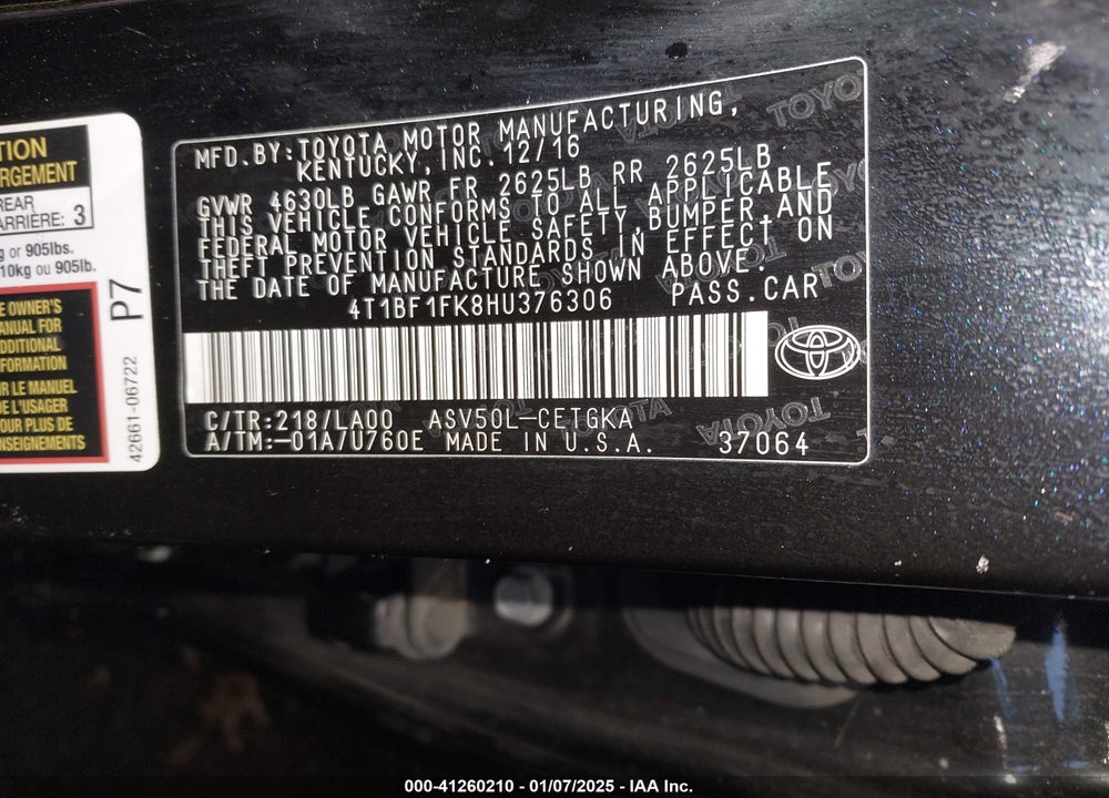 2017 TOYOTA CAMRY XLE VIN: 4T1BF1FK8HU376306