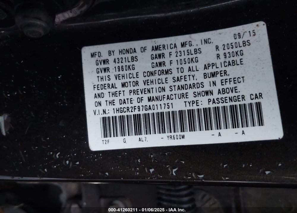 2016 HONDA ACCORD EXL VIN: 1HGCR2F97GA011751