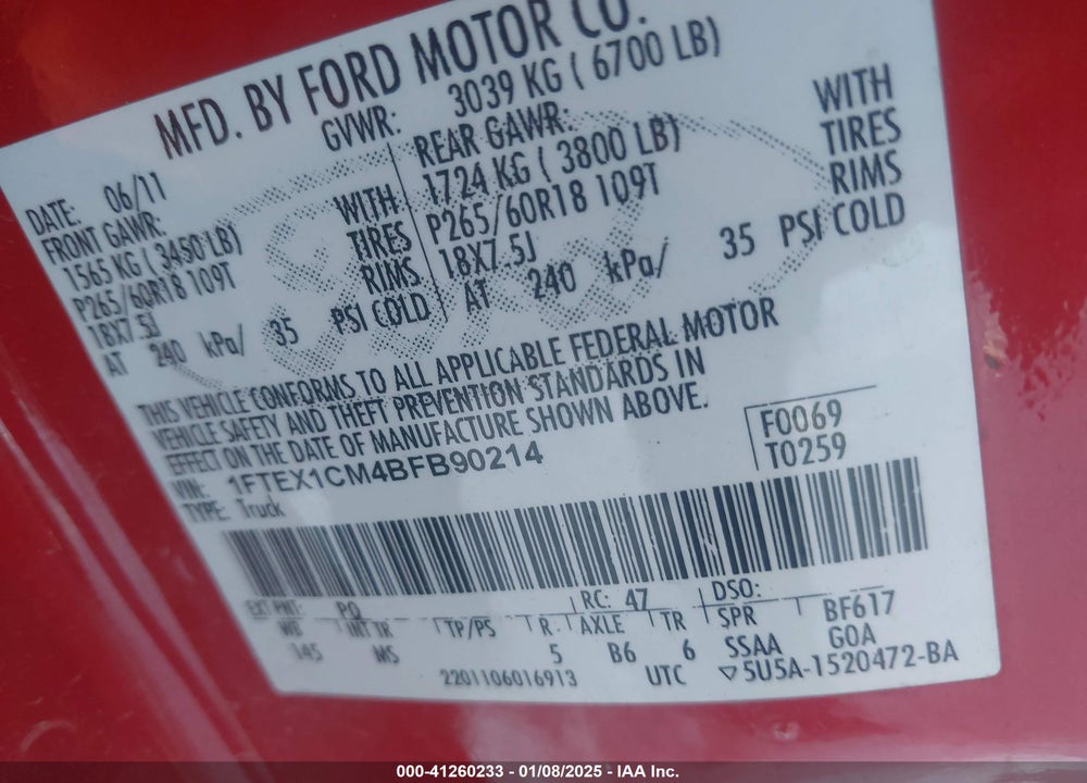 2011 FORD F-150 XLT VIN: 1FTEX1CM4BFB90214