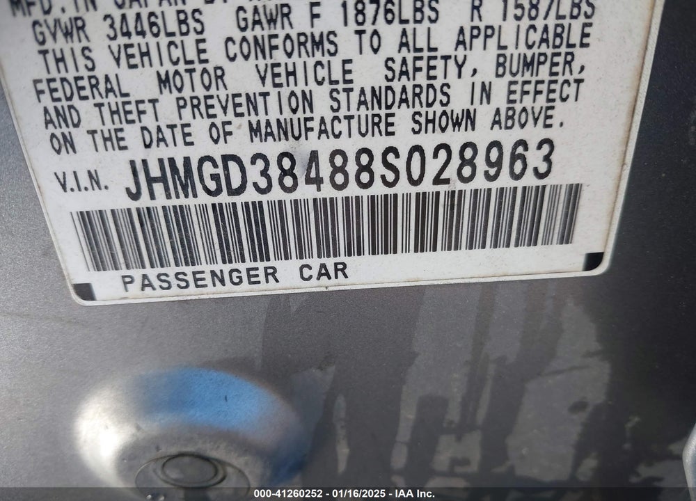 2008 HONDA FIT VIN: JHMGD38488S028963