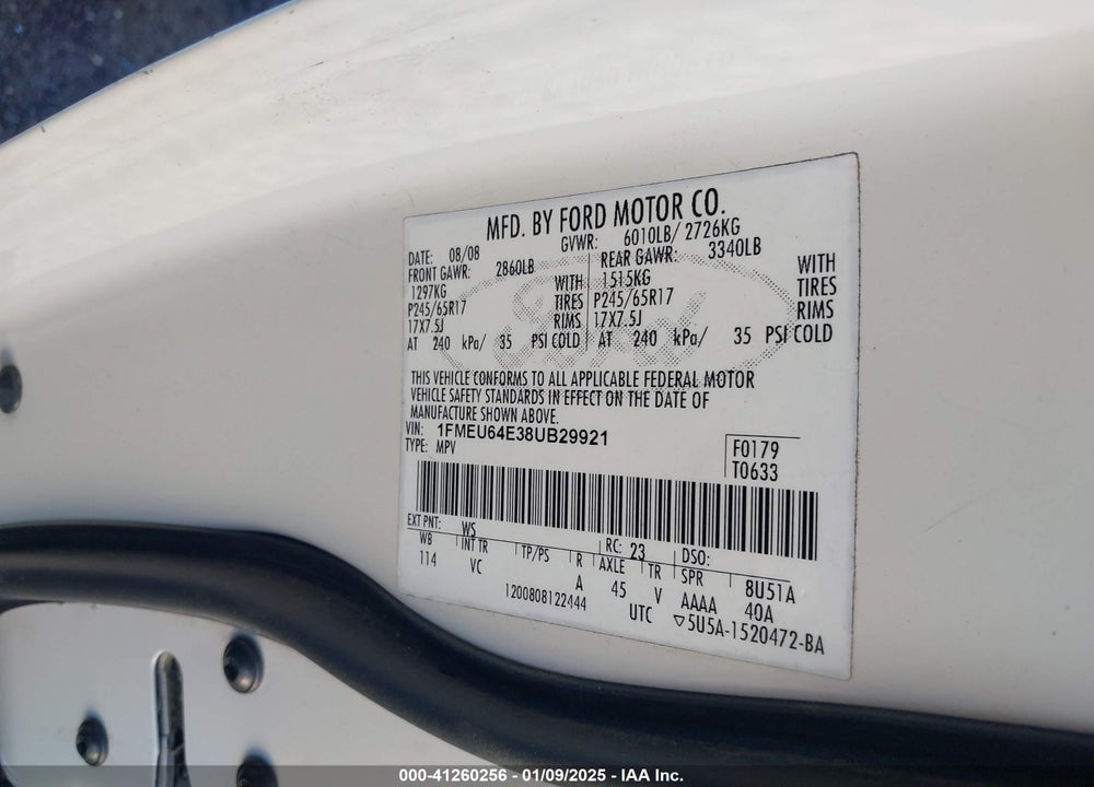 2008 FORD EXPLORER EDDIE BAUER VIN: 1FMEU64E38UB29921