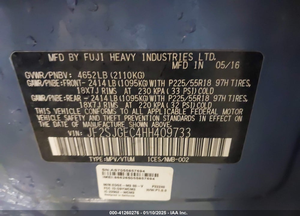 2017 SUBARU FORESTER 2.0XT PREMIUM VIN: JF2SJGEC4HH409733