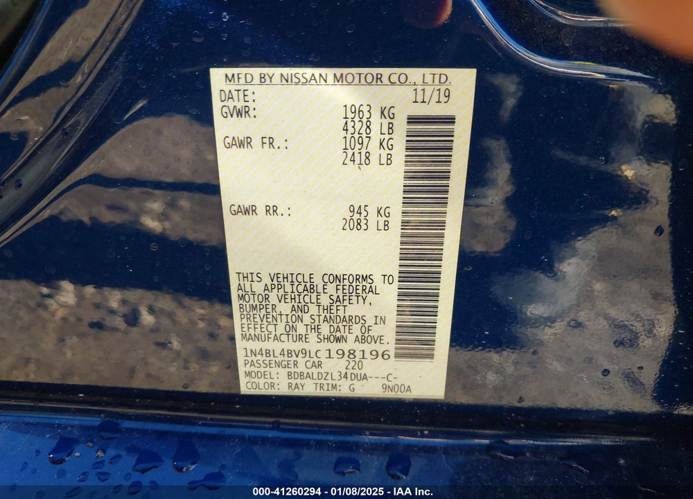 2020 NISSAN ALTIMA VIN: 1N4BL4BV9LC198196