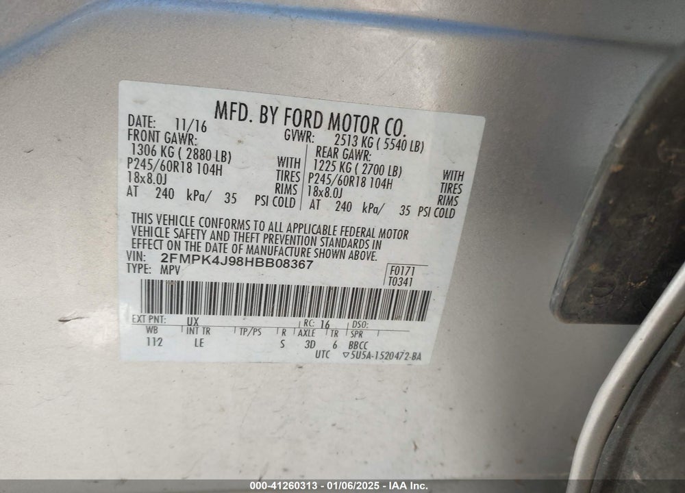 2017 FORD EDGE SEL VIN: 2FMPK4J98HBB08367