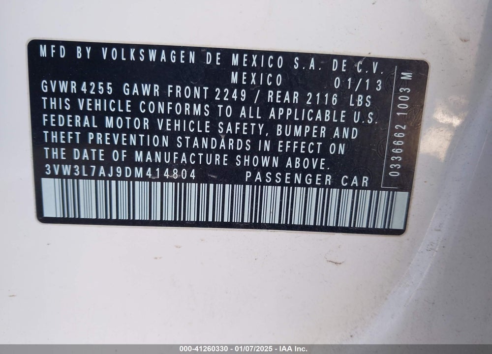 2013 VOLKSWAGEN JETTA 2.0L TDI VIN: 3VW3L7AJ9DM414804