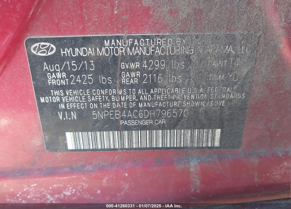 2013 HYUNDAI SONATA GLS VIN: 5NPEB4AC6DH796570
