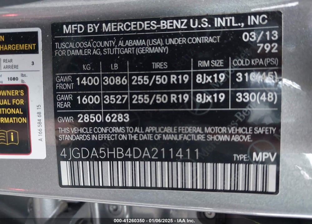 2013 MERCEDES-BENZ ML 350 4MATIC VIN: 4JGDA5HB4DA211411
