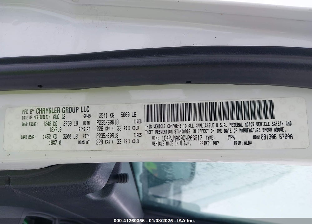 2012 JEEP LIBERTY SPORT VIN: 1C4PJMAK0CW206617