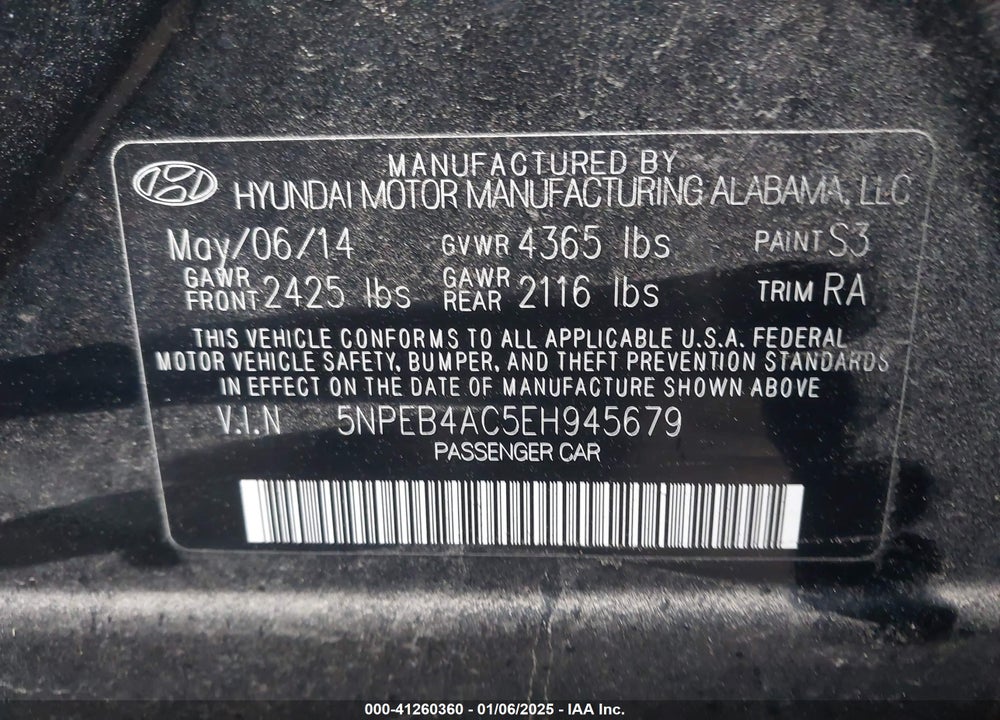 2014 HYUNDAI SONATA GLS VIN: 5NPEB4AC5EH945679